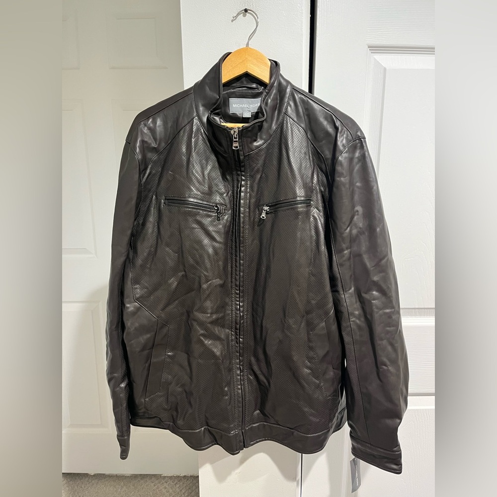 Michael Kors Men's Espresso Brown Perforated Faux Leather Moto Jacket 2XL NWT